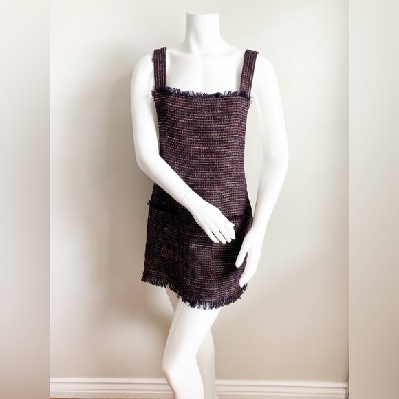 ZARA Tweed Burgundy Overalls Dress Mini Square Neck Sleeveless Classic Preppy S - Picture 4 of 12